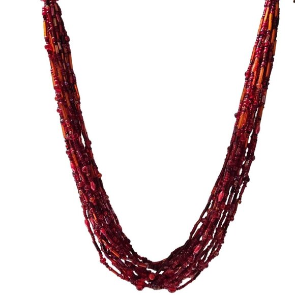 Vintage Boho Chic Red Seed Beaded Chunky Multi Strand Necklace Fashion Jewelry - Picture 1 of 5